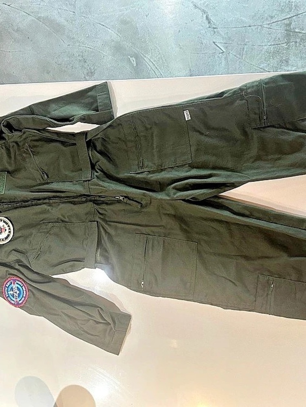 Top Gun Costume with patches. Olive Flight Suit Size XL Like New. Fits size 12,